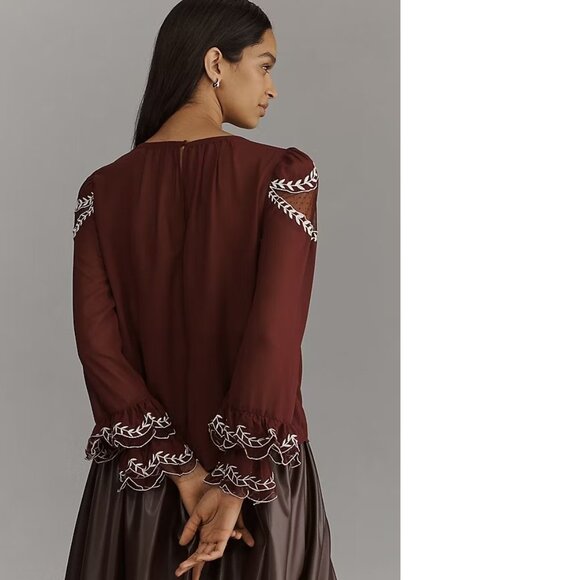 By Anthropologie Long-Sleeve Appliqué Blouse TOP XS new wine - Picture 3 of 5